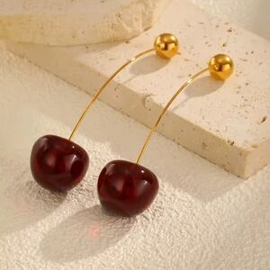 18K Gold Plated and Dark Red Cherry Drop Earrings